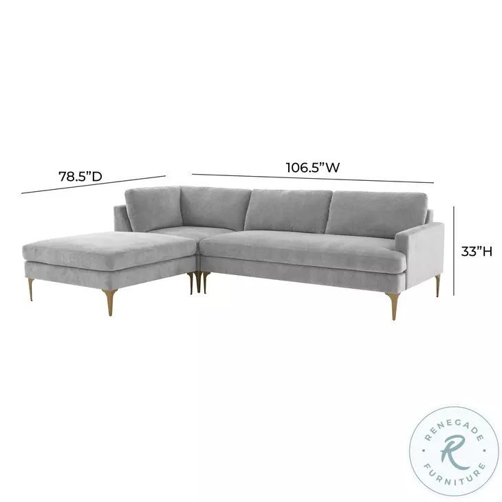 Serena Gray Velvet LAF Chaise Sectional with Brass Legs
