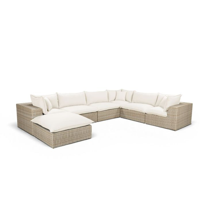 Cali Natural Performance Fabric & Natural Wicker Modular Outdoor Large Chaise Sectional