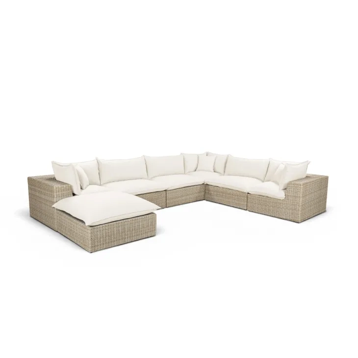 Cali Natural Performance Fabric & Natural Wicker Modular Outdoor Large Chaise Sectional