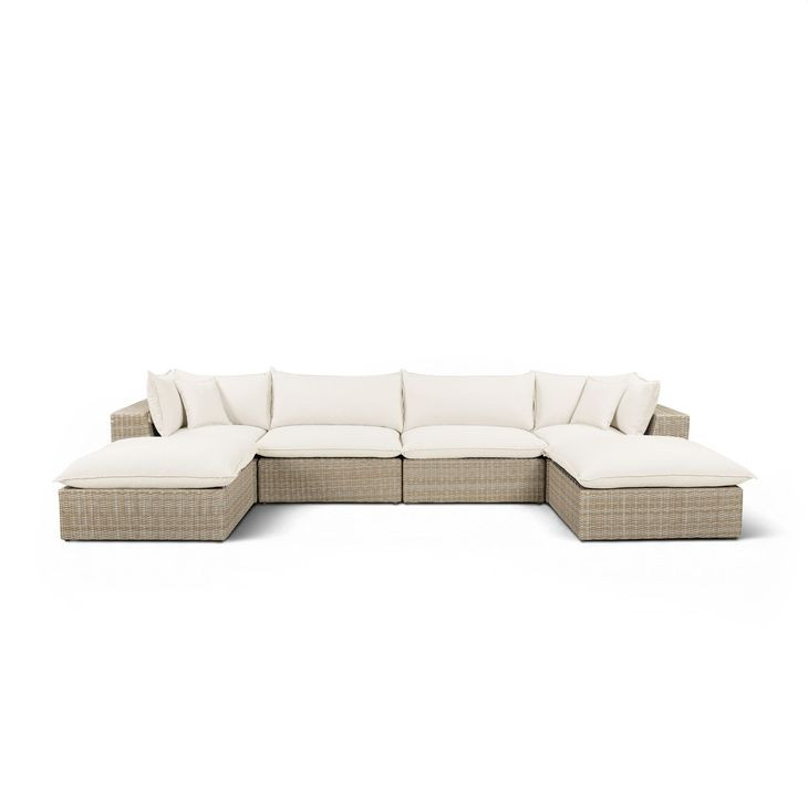 Cali Natural Performance Fabric & Natural Wicker Modular Outdoor U-Chaise Sectional