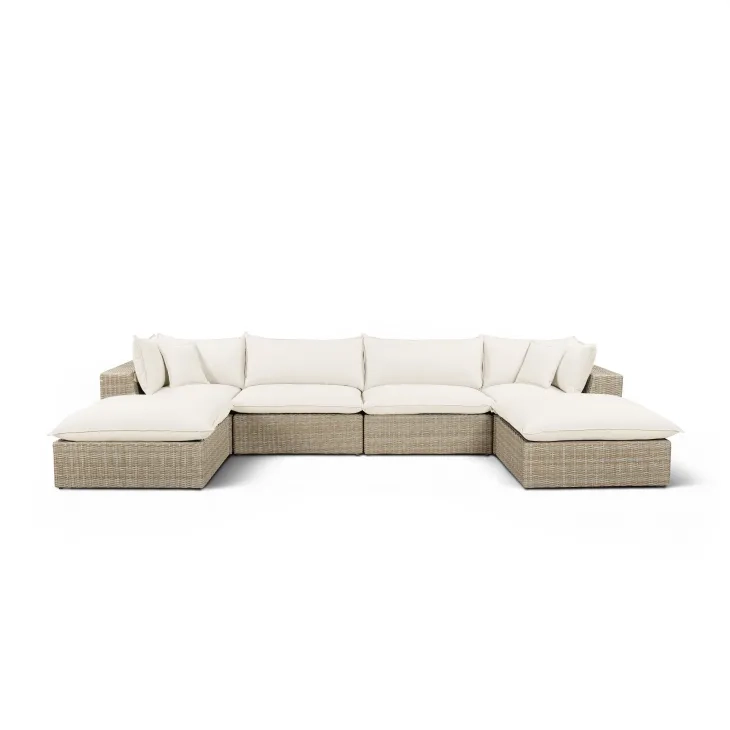 Cali Natural Performance Fabric & Natural Wicker Modular Outdoor U-Chaise Sectional