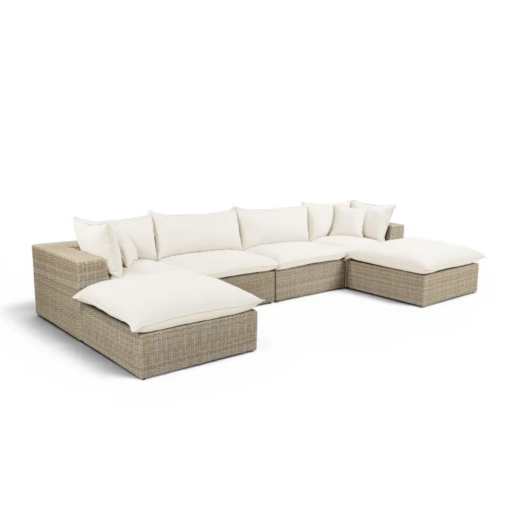 Cali Natural Performance Fabric & Natural Wicker Modular Outdoor U-Chaise Sectional