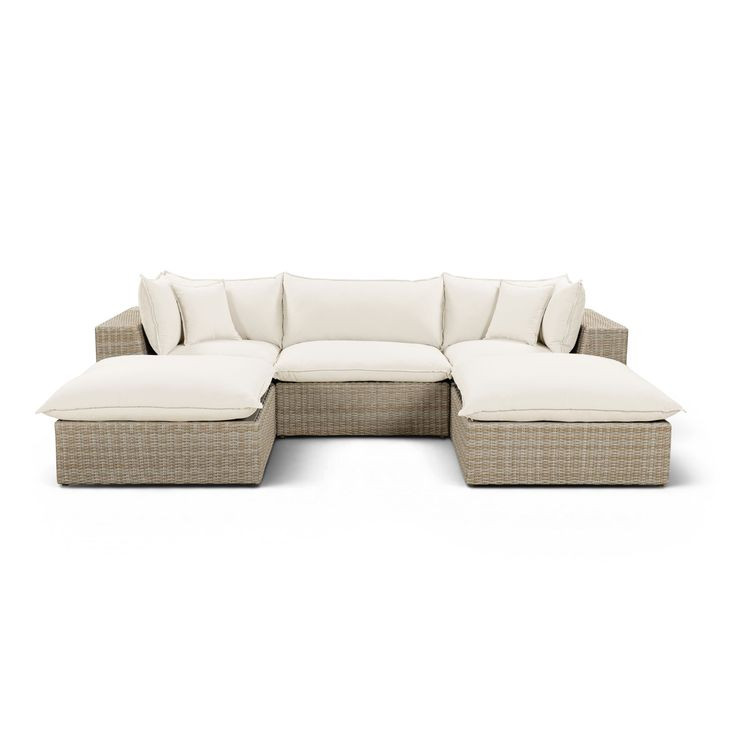 Cali Natural Performance Fabric & Natural Wicker Modular Outdoor Small U-Chaise Sectional