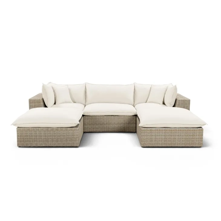 Cali Natural Performance Fabric & Natural Wicker Modular Outdoor Small U-Chaise Sectional