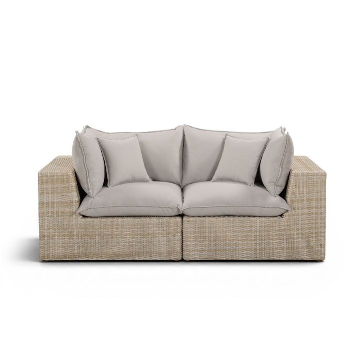 Cali Light Gray Fabric & Natural Wicker Modular Outdoor Loveseat