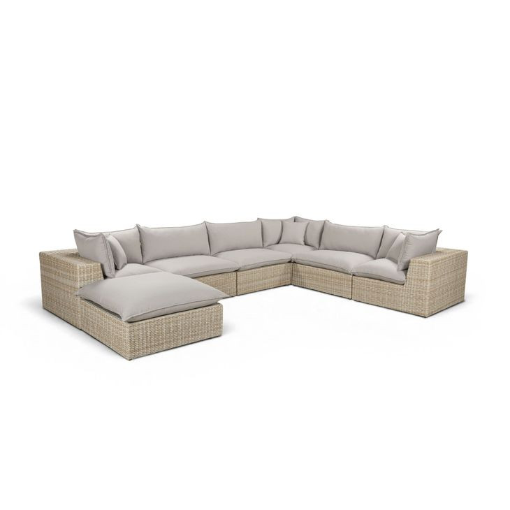 Cali Light Gray Fabric & Natural Wicker Modular Outdoor Large Chaise Sectional