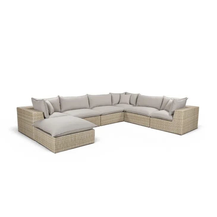 Cali Light Gray Fabric & Natural Wicker Modular Outdoor Large Chaise Sectional
