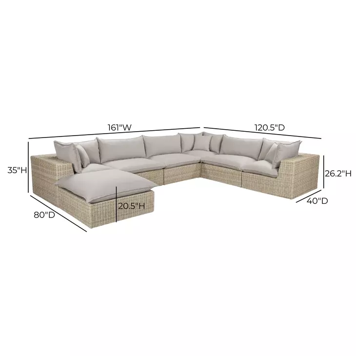 Cali Light Gray Fabric & Natural Wicker Modular Outdoor Large Chaise Sectional