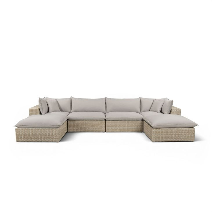 Cali Light Gray Fabric & Natural Wicker Modular Outdoor U-Chaise Sectional