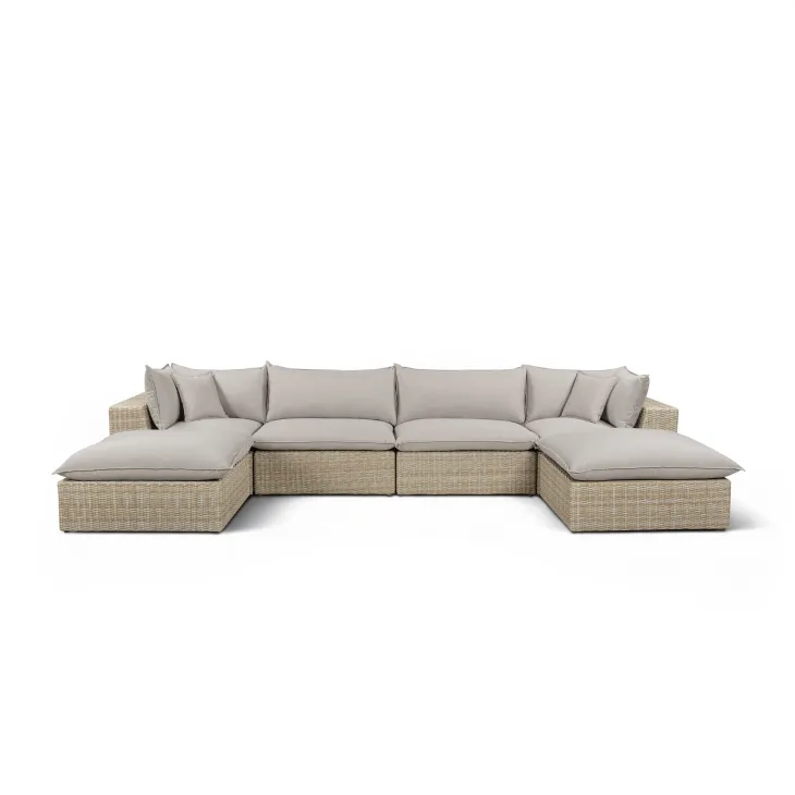 Cali Light Gray Fabric & Natural Wicker Modular Outdoor U-Chaise Sectional