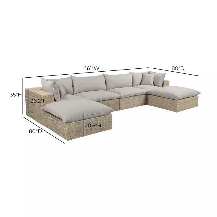 Cali Light Gray Fabric & Natural Wicker Modular Outdoor U-Chaise Sectional