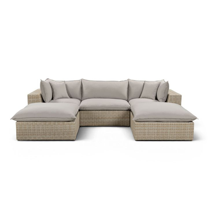 Cali Light Gray Fabric & Natural Wicker Modular Outdoor Small U-Chaise Sectional