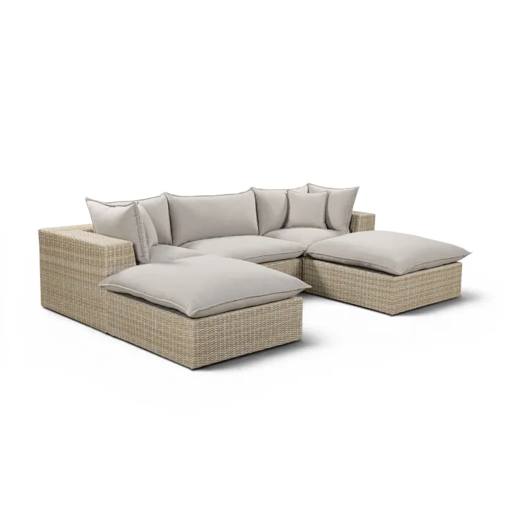 Cali Light Gray Fabric & Natural Wicker Modular Outdoor Small U-Chaise Sectional
