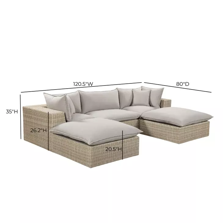 Cali Light Gray Fabric & Natural Wicker Modular Outdoor Small U-Chaise Sectional