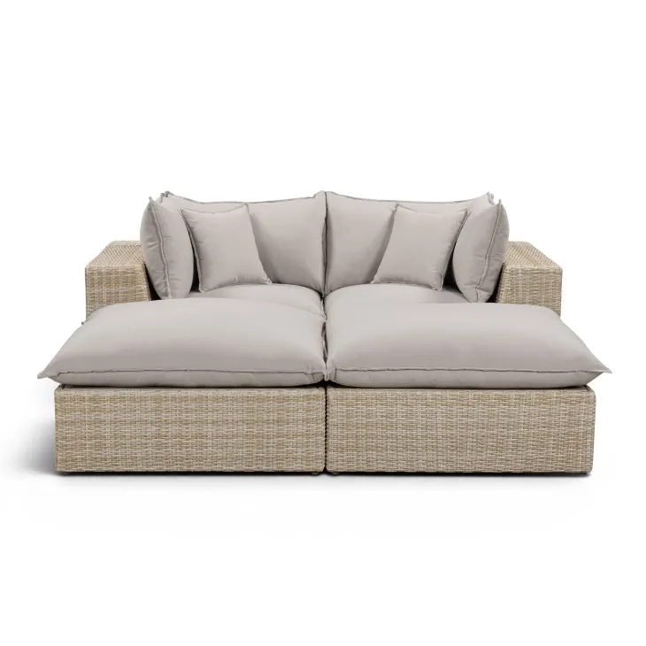 Cali Light Gray Fabric & Natural Wicker Modular Outdoor Double Chaise