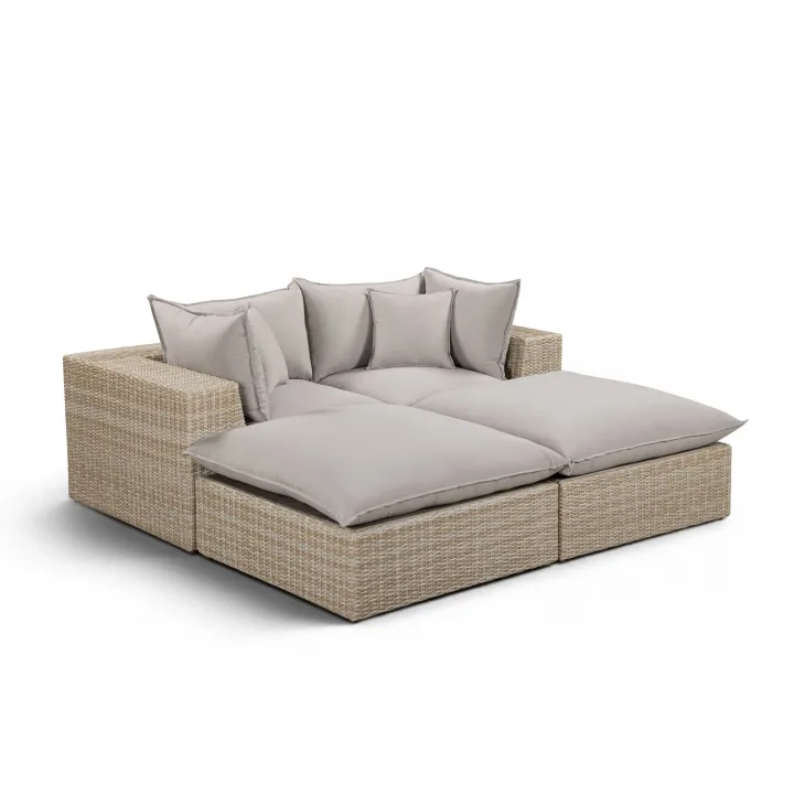 Cali Light Gray Fabric & Natural Wicker Modular Outdoor Double Chaise