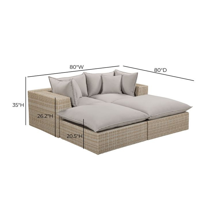 Cali Light Gray Fabric & Natural Wicker Modular Outdoor Double Chaise