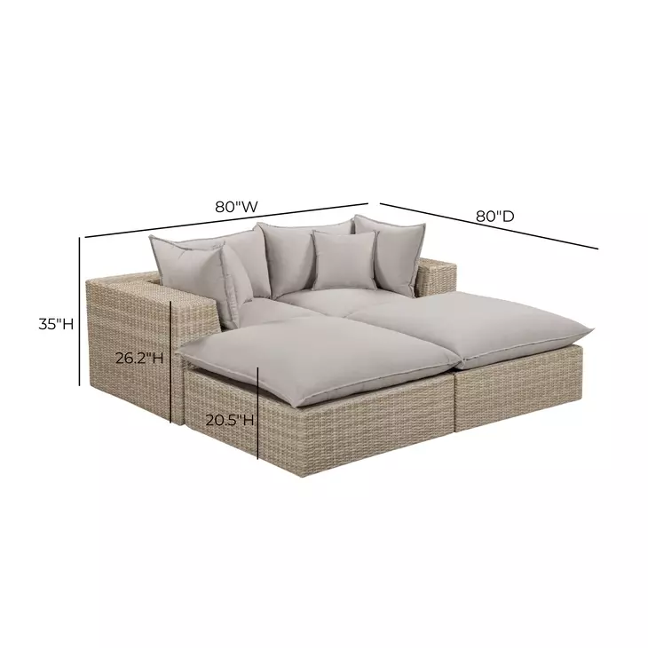 Cali Light Gray Fabric & Natural Wicker Modular Outdoor Double Chaise