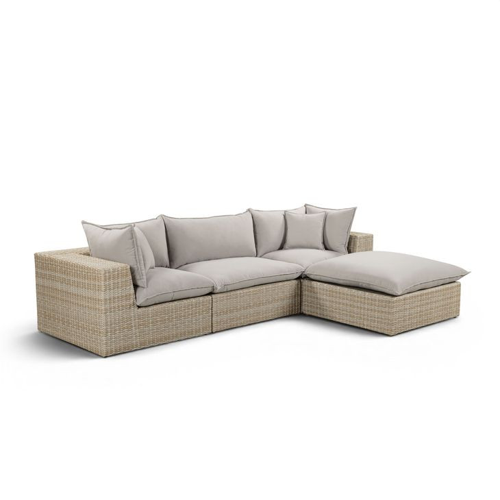 Cali Light Gray Fabric & Natural Wicker Outdoor Modular Sectional
