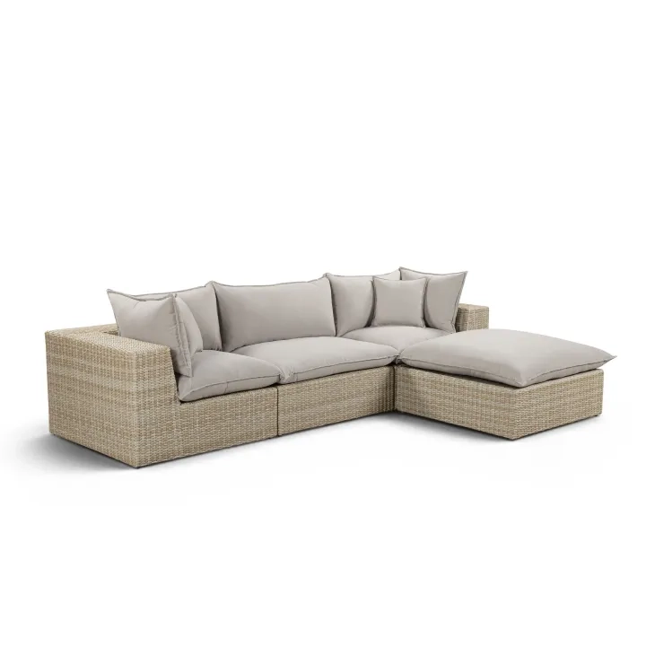 Cali Light Gray Fabric & Natural Wicker Modular Outdoor Sectional