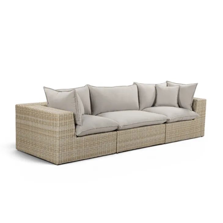 Cali Light Gray Fabric & Natural Wicker Modular Outdoor Sofa