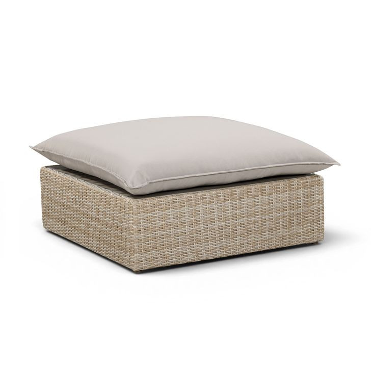 Cali Light Gray Performance Fabric & Natural Wicker Outdoor Ottoman