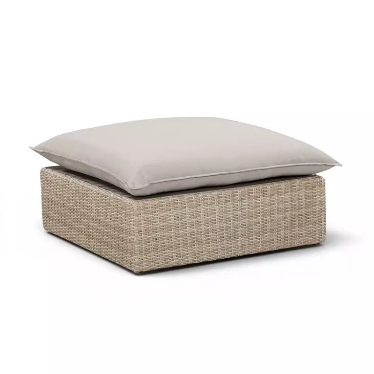 Cali Light Gray Performance Fabric & Natural Wicker Outdoor Ottoman
