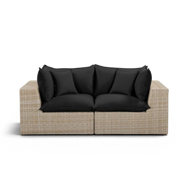 Cali Black Fabric & Natural Wicker Modular Outdoor Loveseat