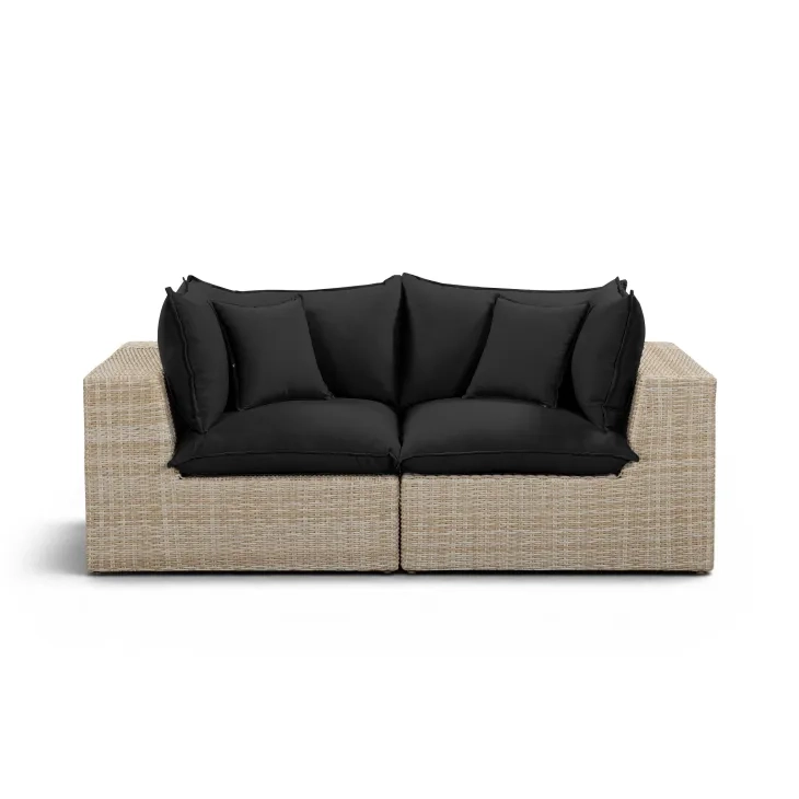 Cali Black Fabric & Natural Wicker Modular Outdoor Loveseat