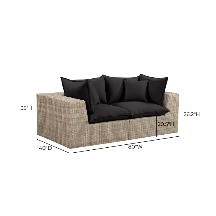 Cali Black Fabric & Natural Wicker 80" Modular Outdoor Loveseat