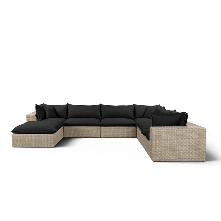 Cali Black Fabric & Natural Wicker Modular Outdoor Large Chaise Sectional
