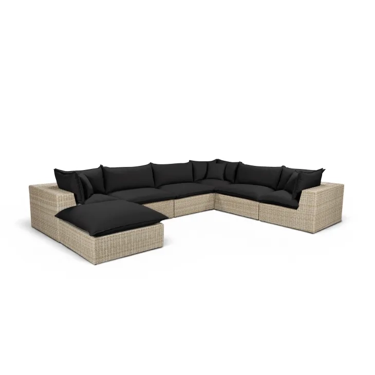 Cali Black Fabric & Natural Wicker Modular Outdoor Large Chaise Sectional