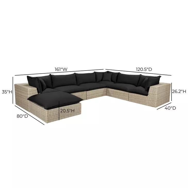 Cali Black Fabric & Natural Wicker Modular Outdoor Large Chaise Sectional