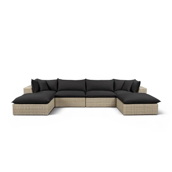 Cali Black Fabric & Natural Wicker Modular Outdoor U-Chaise Sectional