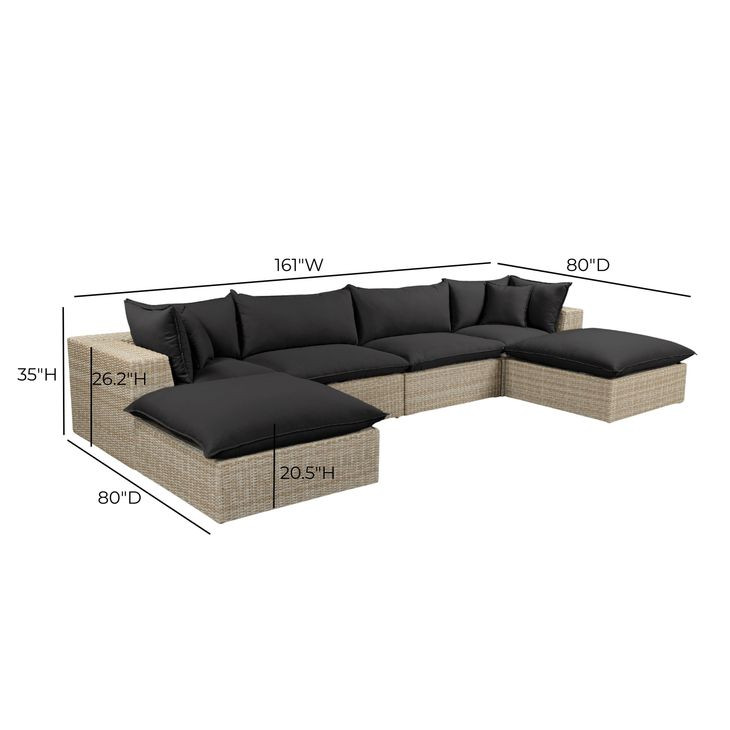 Cali Black Fabric & Natural Wicker Modular Outdoor U-Chaise Sectional