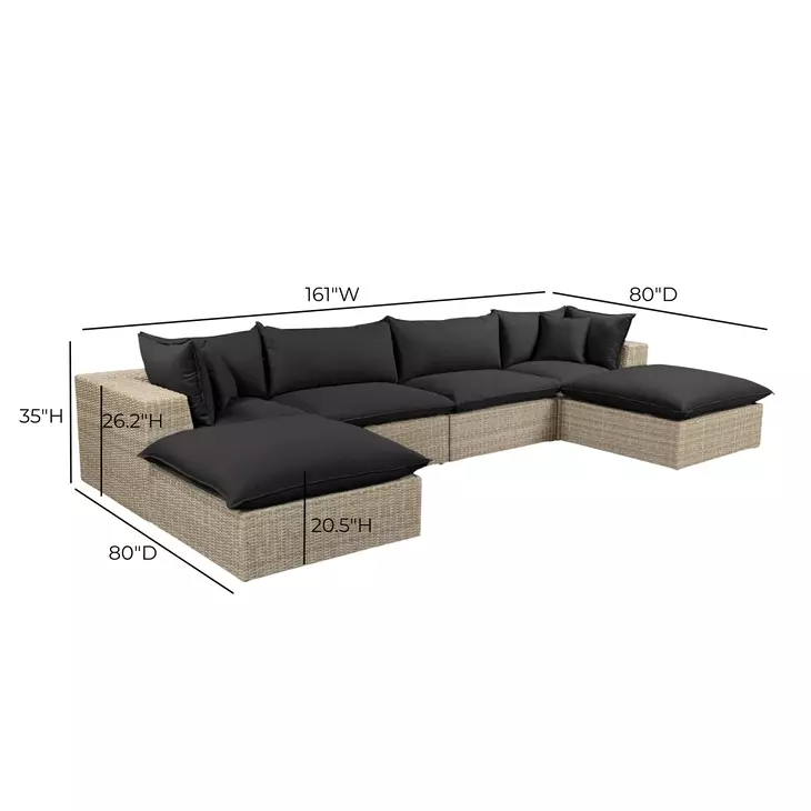 Cali Black Fabric & Natural Wicker Modular Outdoor U-Chaise Sectional