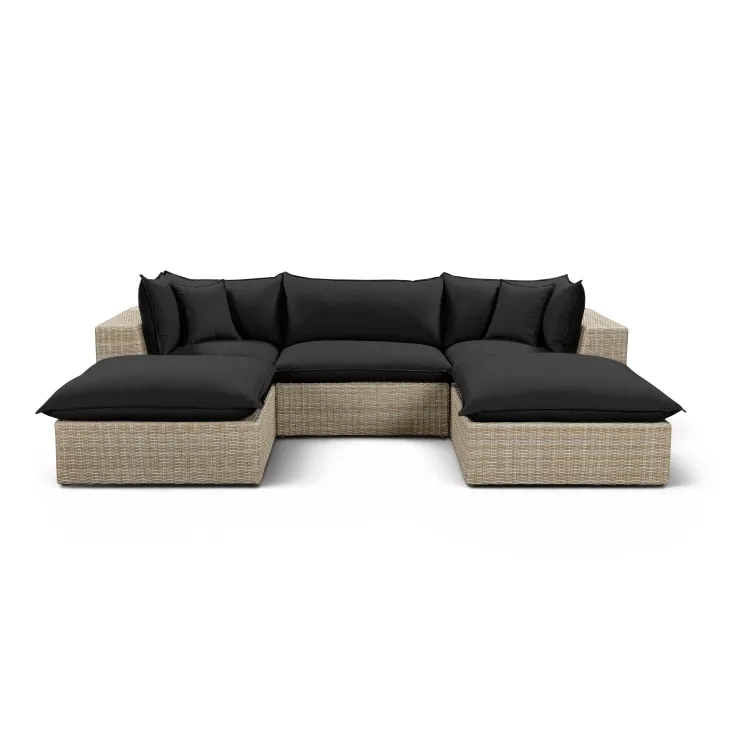 Cali Black Fabric & Natural Wicker Modular Outdoor Small U-Chaise Sectional