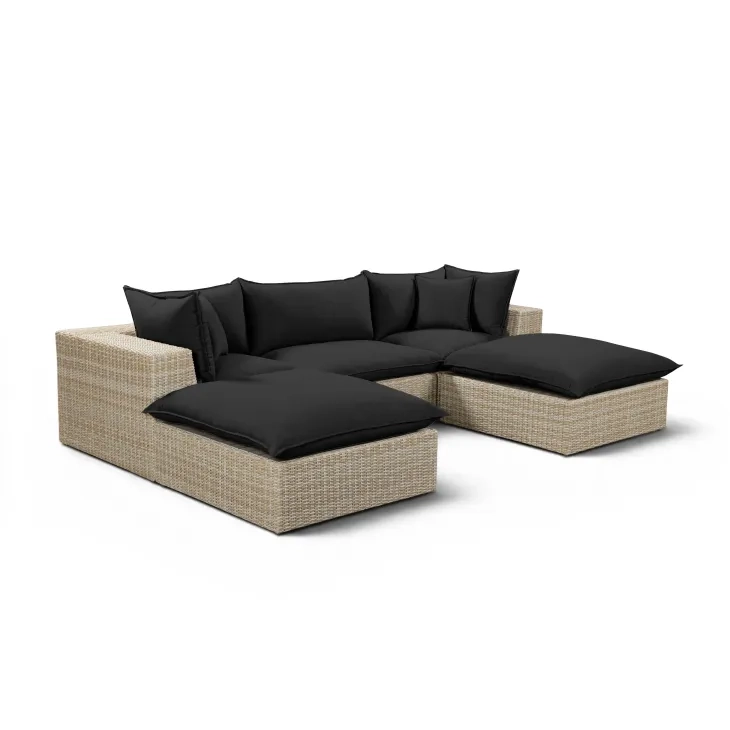 Cali Black Fabric & Natural Wicker Modular Outdoor Small U-Chaise Sectional