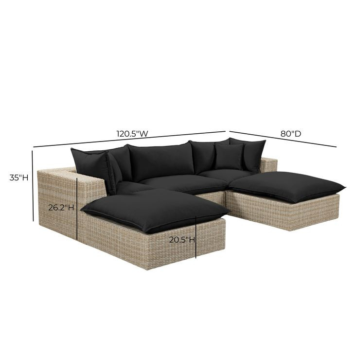 Cali Black Fabric & Natural Wicker Modular Outdoor Small U-Chaise Sectional