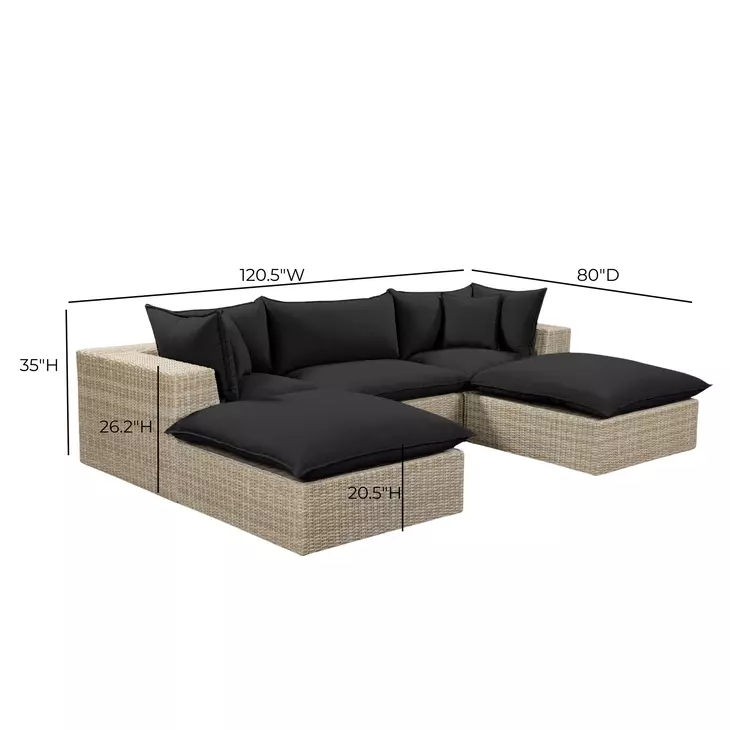 Cali Black Fabric & Natural Wicker Modular Outdoor Small U-Chaise Sectional