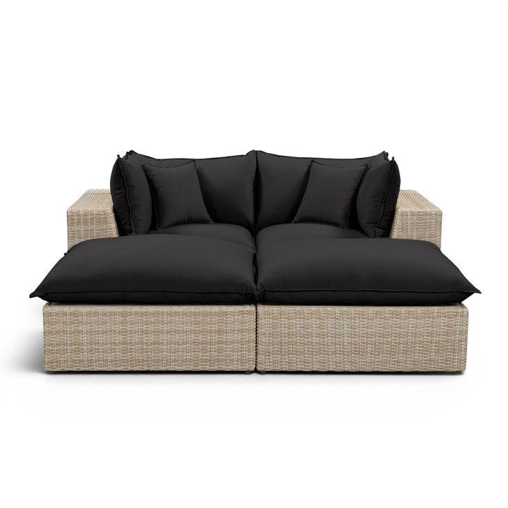Cali Black Fabric & Natural Wicker Modular Outdoor Double Chaise