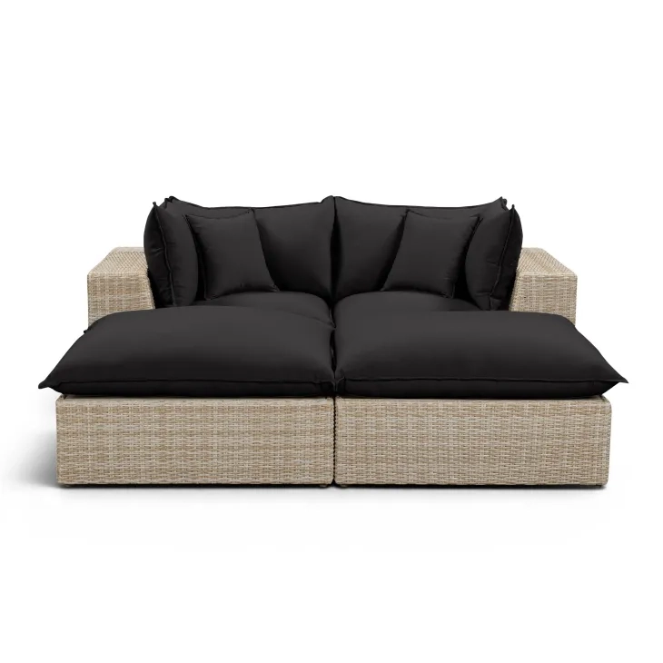 Cali Black Fabric & Natural Wicker Modular Outdoor Double Chaise