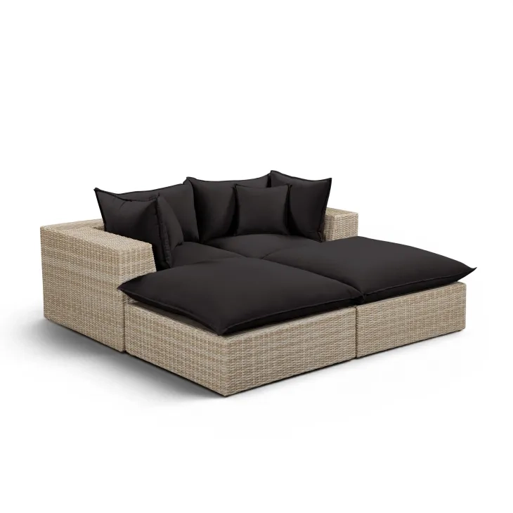 Cali Black Fabric & Natural Wicker Modular Outdoor Double Chaise