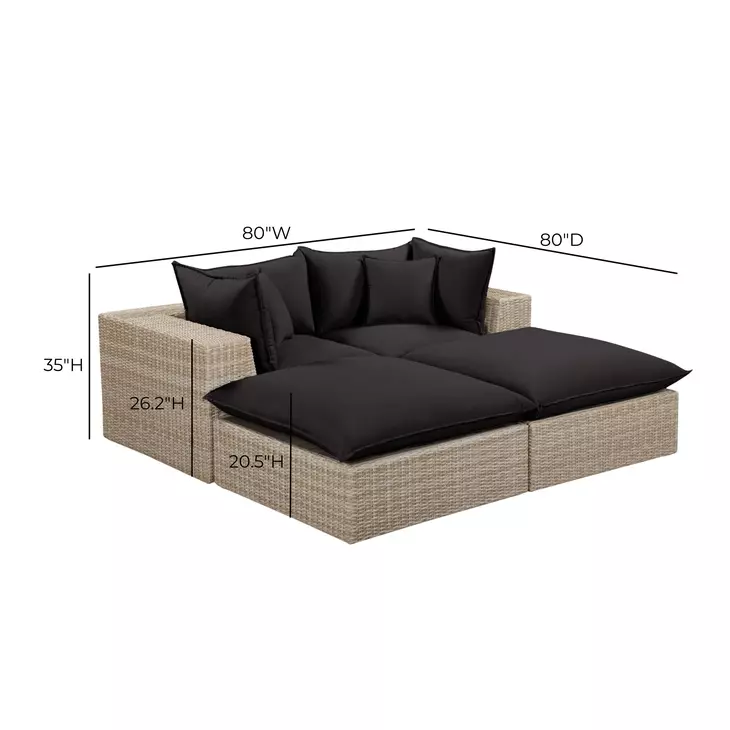 Cali Black Fabric & Natural Wicker Modular Outdoor Double Chaise