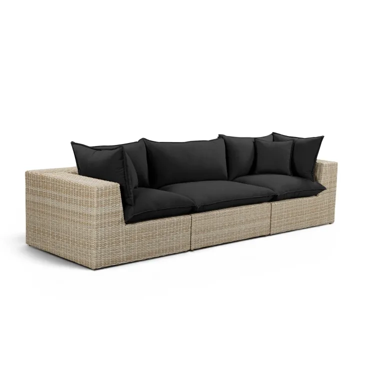 Cali Black Fabric & Natural Wicker Modular Outdoor Sofa