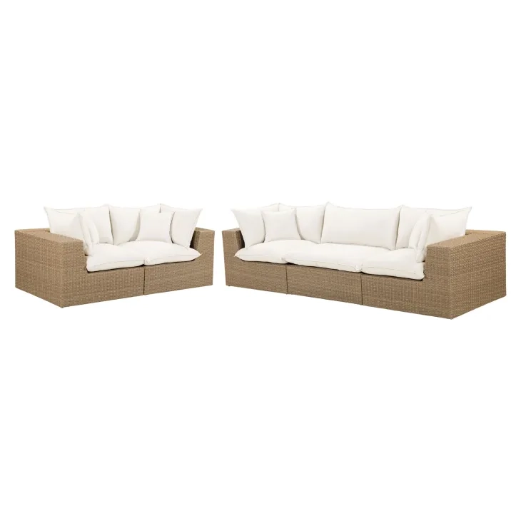 Cali Natural Performance Fabric & Brown Wicker Modular Outdoor Conversation Set