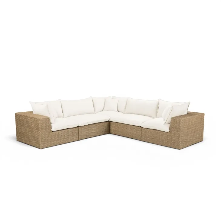 Cali Natural Performance Fabric & Brown Wicker Modular Outdoor L-Sectional
