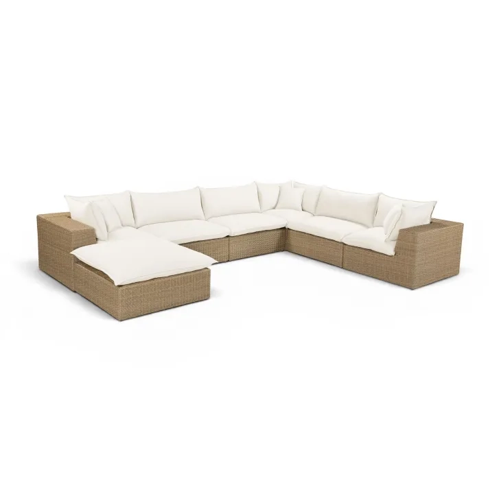 Cali Natural Performance Fabric & Brown Wicker Modular Outdoor Large Chaise Sectional