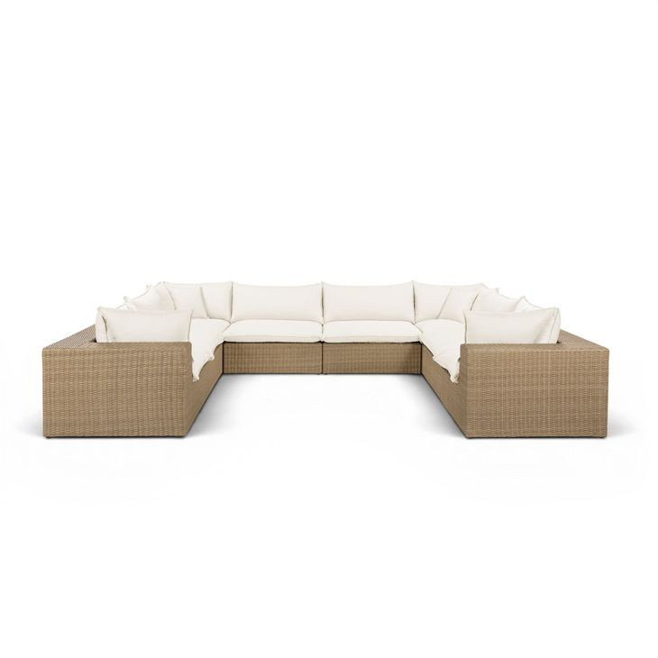 Cali Natural Performance Fabric & Brown Wicker Modular Outdoor U-Sectional