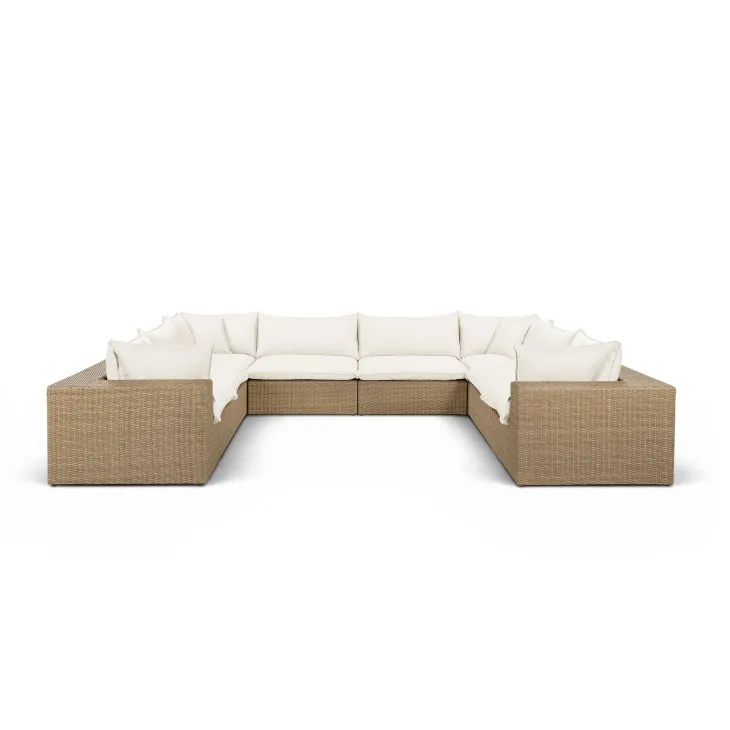 Cali Natural Performance Fabric & Brown Wicker Modular Outdoor U-Sectional